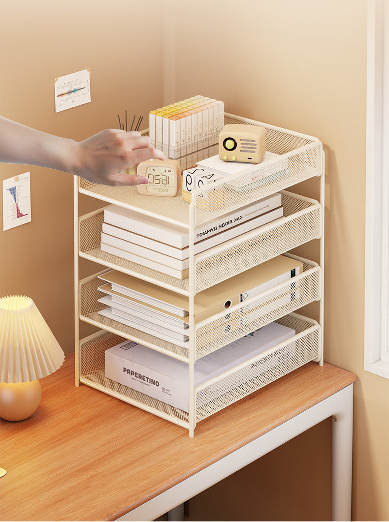 Calvreno Integrated Multi-Tier Metal Desktop File Organizer and Book Rack