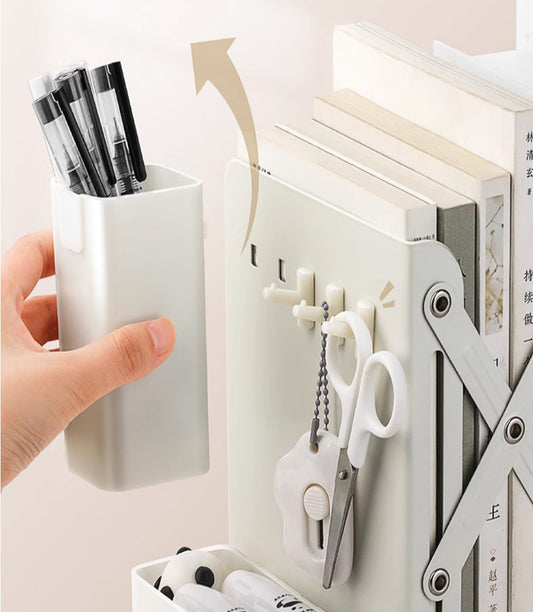 Calvreno Expandable Metal Bookend Organizer with Pen Holder for Desk Storage