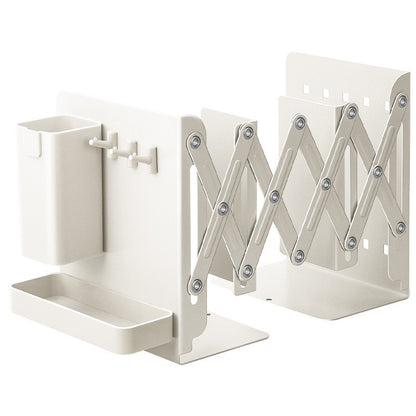 Calvreno Expandable Metal Bookend Organizer with Pen Holder for Desk Storage